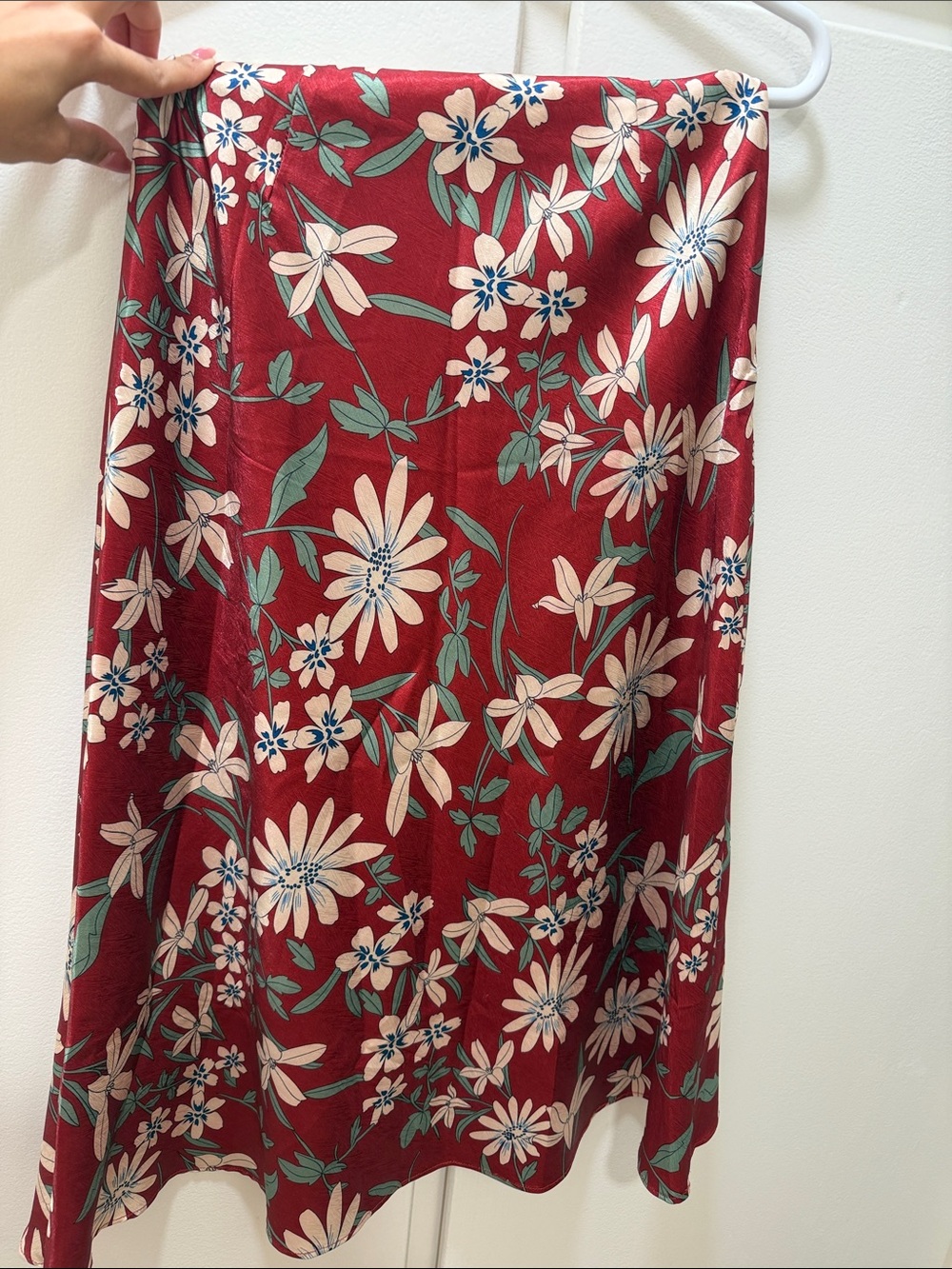Red Floral Midi Skirt with Cream Blooms